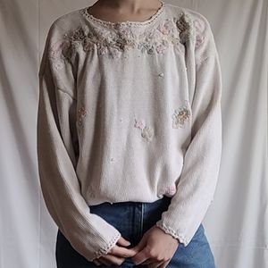 Vintage Floral Embroidered Pearl Beaded Knitted Pullover Sweater